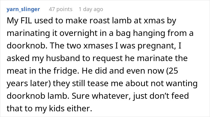 Text post from a social media thread describing expired food and pregnancy concerns with mother-in-law&rsquo;s meals.
