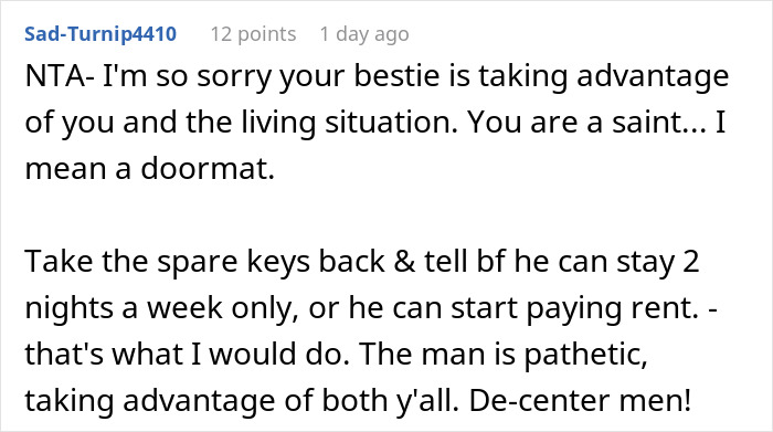 Comment criticizing a roommate boyfriend vacation drama, advising to limit stay and address rent payment issues.