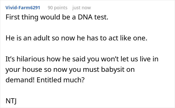 Comment suggesting a DNA test and discussing the son impregnate girlfriend figure living situation and responsibilities.