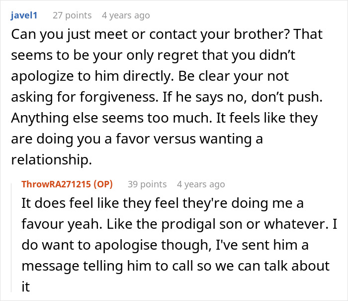 Online conversation about family forgiving a man for past violence, discussing regret and desire for apology and communication.
