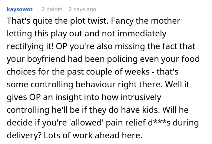 Commenter discussing controlling behavior from boyfriend after assuming fianc&eacute;e is pregnant, causing shock and humiliation.