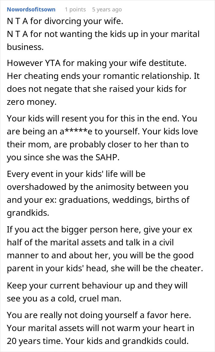 Screenshot of an online forum comment discussing a dad feeling guilty for distancing himself from daughter during divorce.