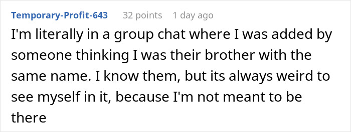 Screenshot of a Reddit comment describing being added to a random family group chat by mistake and feeling out of place.