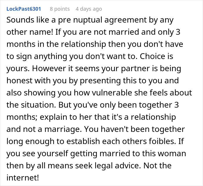 Comment about a woman forcing boyfriend to sign a contract giving her a share of his income, discussing relationship and legal advice.