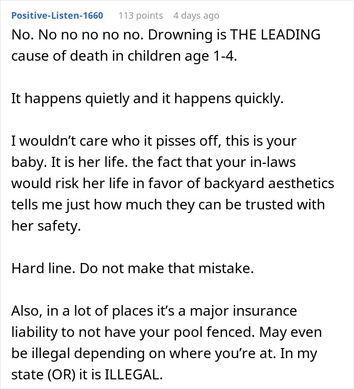 Comment discussing risks of child drowning and in-laws not taking grandchild safety seriously, leading to distrust. Comment discussing risks of child drowning and in-laws not taking grandchild safety seriously, leading to distrust.