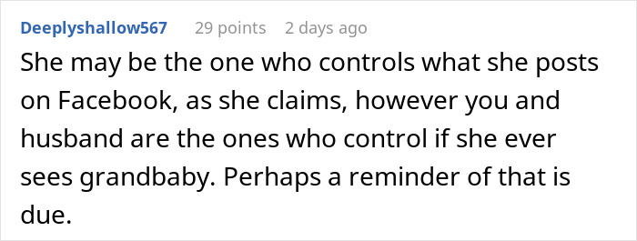 Comment about control in a Facebook post, discussing family dynamics and visiting rights for a grandbaby.
