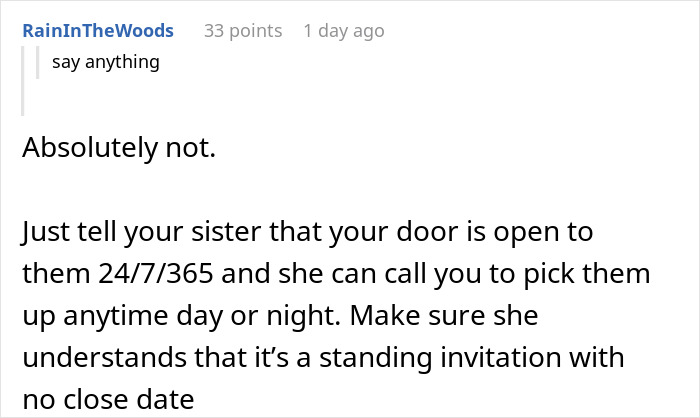 Comment discussing a worried woman supporting her sister who became a tradwife by keeping an open invitation for help.