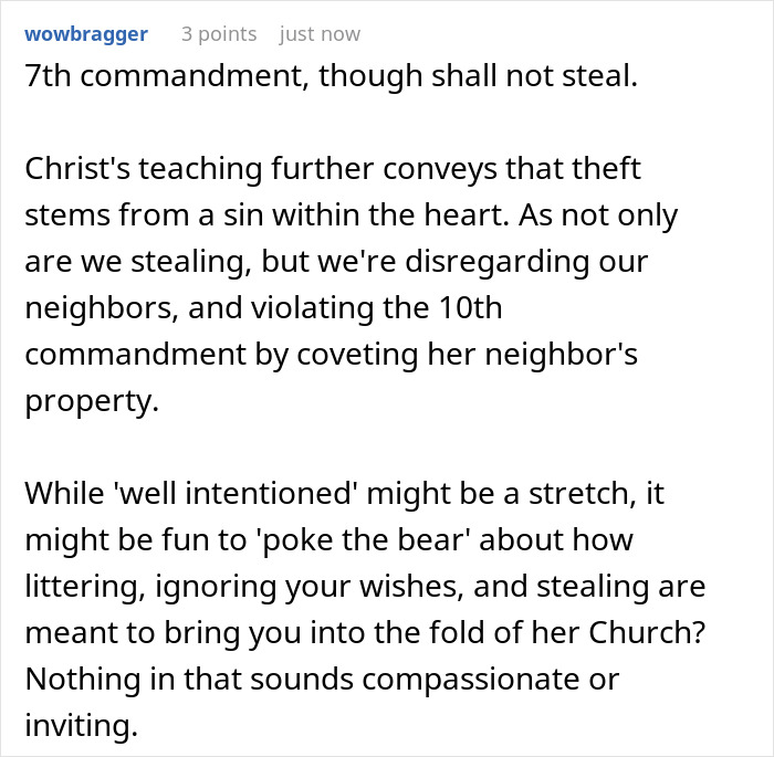 Screenshot of a comment discussing religious views on theft and neighbor relations, related to neighbor religious pamphlet police.