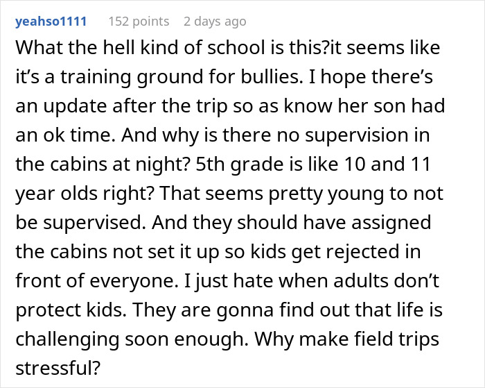 Comment expressing concern about lack of supervision and bullying during a school trip involving an autistic kid excluded from activities.
