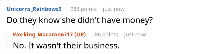 Reddit conversation showing a question about step kids and mom losing money with a direct response.