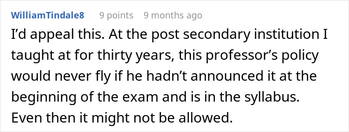 Comment discussing student pushback after professor enforces phone rule without prior warning during exam.