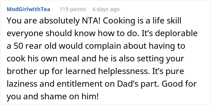 Comment discussing dad and brother cooking food, emphasizing cooking as an essential life skill and personal responsibility.
