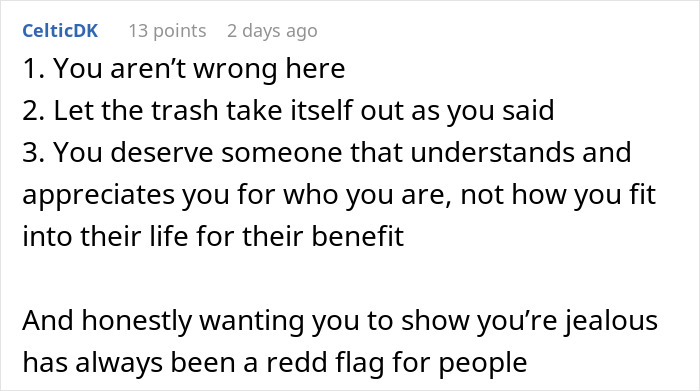 Comment discussing trust and jealousy in relationships, supporting a woman venting about her husband leaving her.