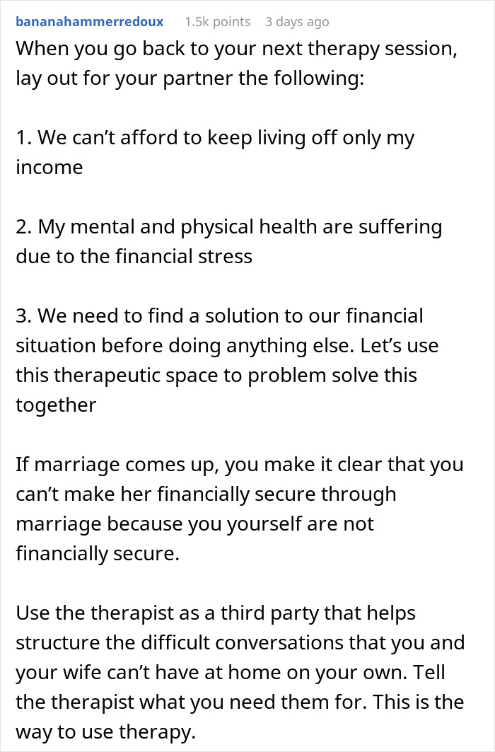 Reddit screenshot of therapy advice text; man feels like his GF's ATM after she quit her job and demands marriage