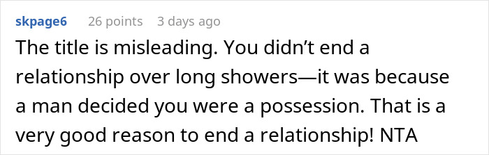 Red flags: Reddit comment screenshot saying relationship ended due to possession control rather than shower length
