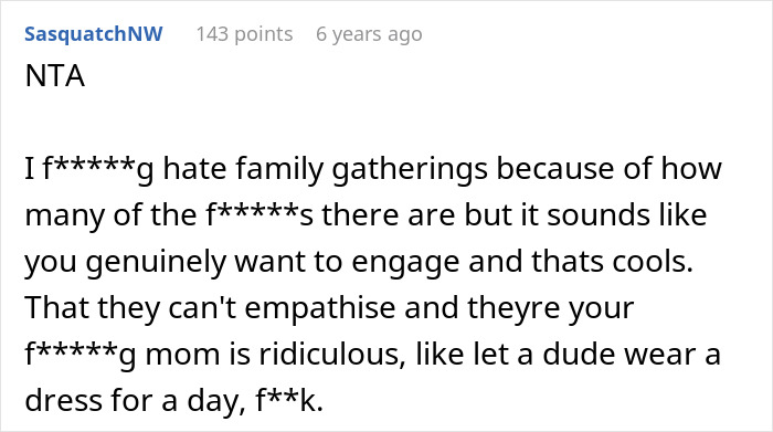 Screenshot of a forum comment discussing family tensions and frustration about being excluded from girl days due to immaturity.