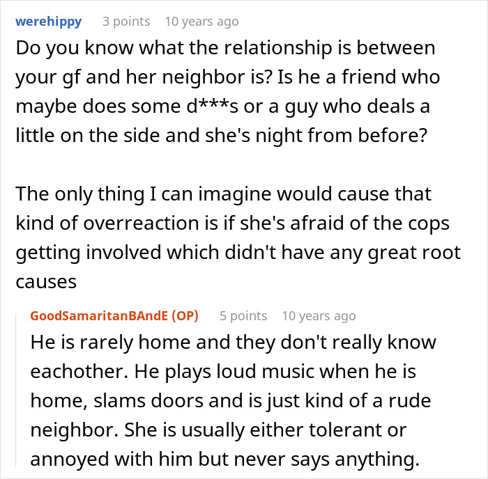 Screenshot of an online discussion about a guy&rsquo;s heroic actions impacting his relationship and misunderstandings with neighbors.