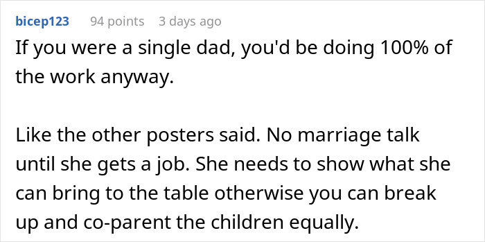 Reddit comment screenshot advising no marriage until she gets a job, man feels like his GF's ATM and should set boundaries