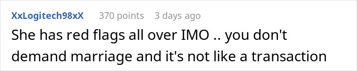 Screenshot of Reddit comment about GF's ATM; commenter warns 'she has red flags' and says you don't demand marriage.