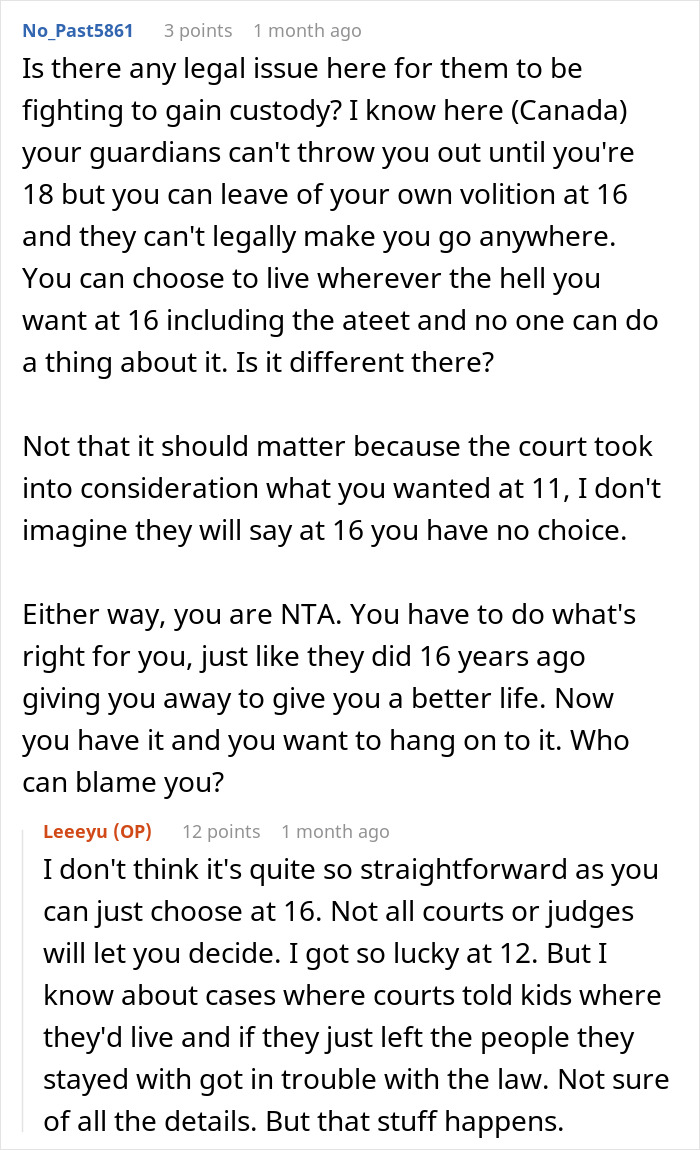 Reddit discussion about teen custody legal issues, refusal to live with bio parents, and court decisions on living arrangements. Reddit discussion about teen custody legal issues, refusal to live with bio parents, and court decisions on living arrangements.