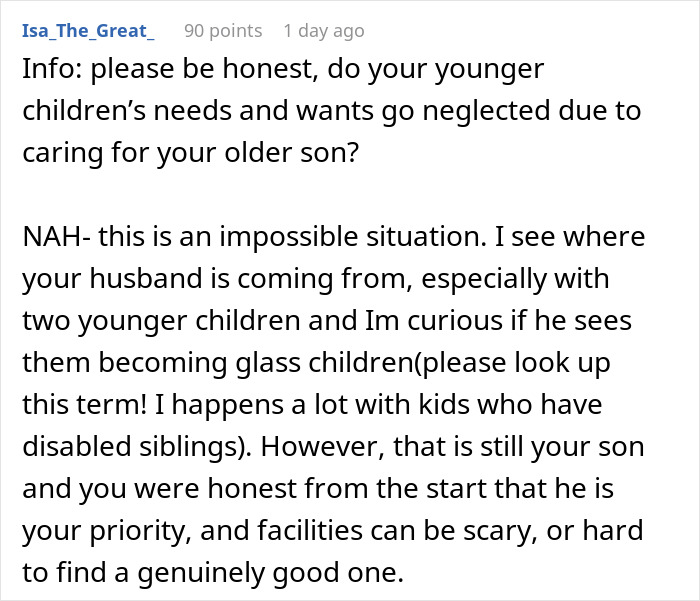 Comment discussing challenges of caring for a disabled son and impact on family life and younger children's needs.