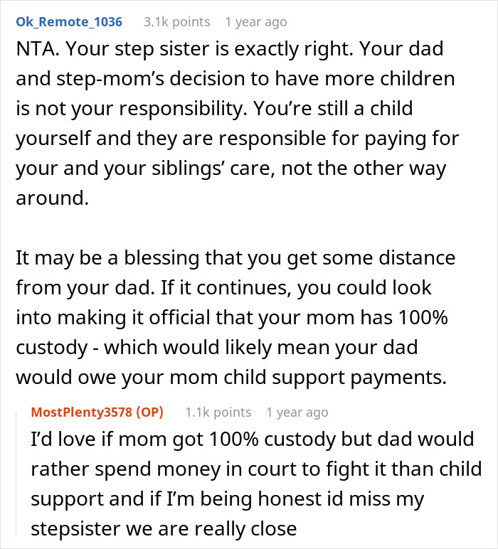 Reddit discussion showing teen defended by stepsister after stepmom calls her selfish and cruel for spending money.