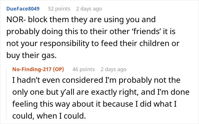 Online comments showing advice on a woman being used by a new friend with kids seeking help.