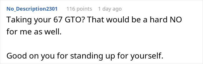 Comment on a forum post about GF&rsquo;s parents visiting, highlighting tensions over suite bedroom and boyfriend&rsquo;s car preferences.