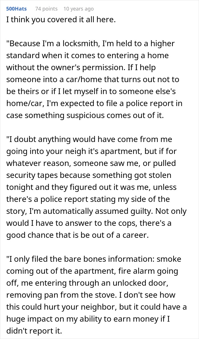 Comment explaining locksmith&rsquo;s heroic actions and challenges, highlighting he wasn&rsquo;t the problem after all.