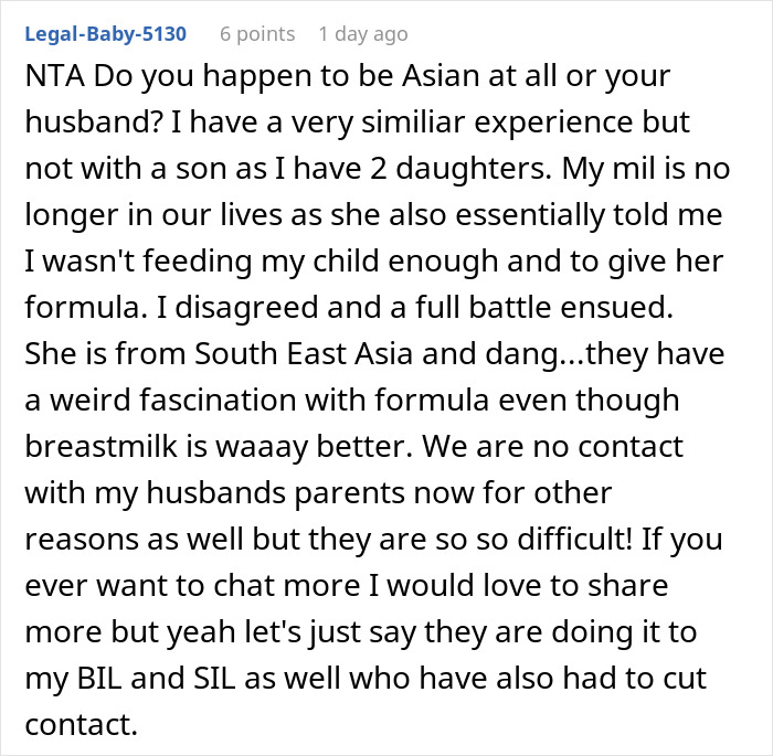 Reddit comment screenshot about MIL pushing formula, mom takes her baby and storms off over feeding dispute