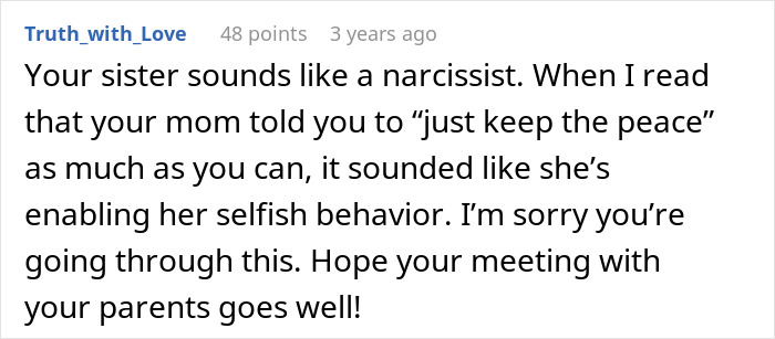 Comment discussing a sister turning into a bridezilla, mentioning a family meeting and dealing with difficult behavior.