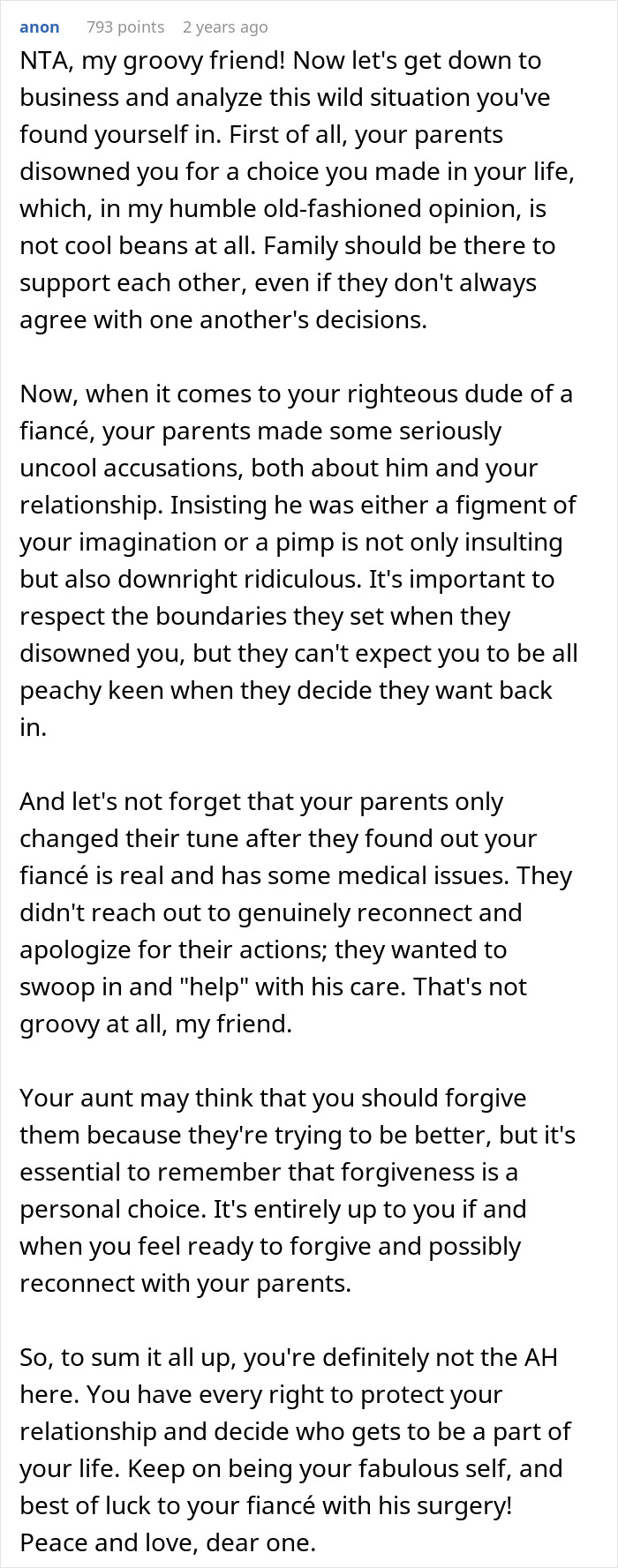 Screenshot of online comment discussing parents disowning adult daughter and insulting her fiancé before later seeking forgiveness. Screenshot of online comment discussing parents disowning adult daughter and insulting her fiancé before later seeking forgiveness.