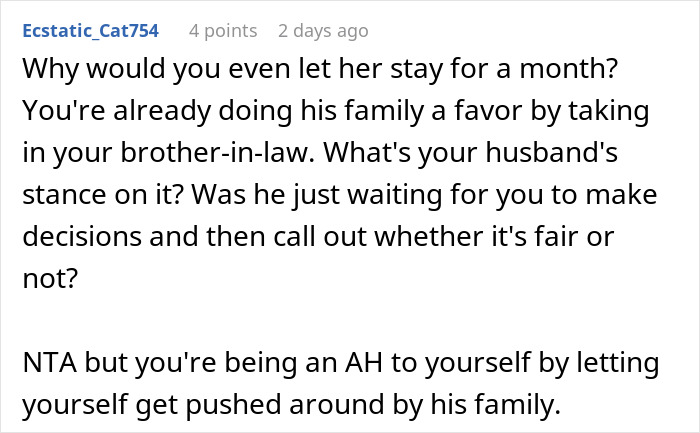 Reddit comment discussing wife done with husband's relatives living with them and his reaction to not housing his mother.