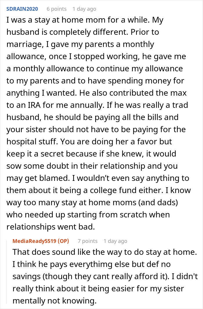 Screenshot of an online discussion about a woman worried about her tradwife sister and secretly starting a fund for her.