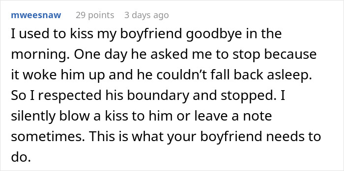 Text post describing a girlfriend annoyed by her boyfriend&rsquo;s lovey-dovey morning kisses and I love yous.