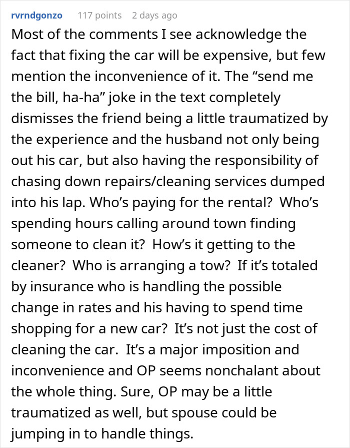 Text post discussing the inconvenience and cost after a woman gives birth in friends' car and they start ignoring her.
