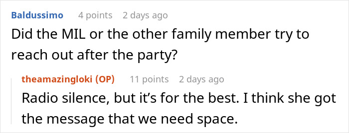 Online conversation discussing MIL refuse baby name and family communication after the party in a text comment thread.