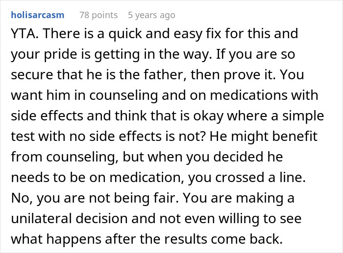 Comment discussing a man demanding a paternity test for his 3-year-old son and rejecting therapy instead.