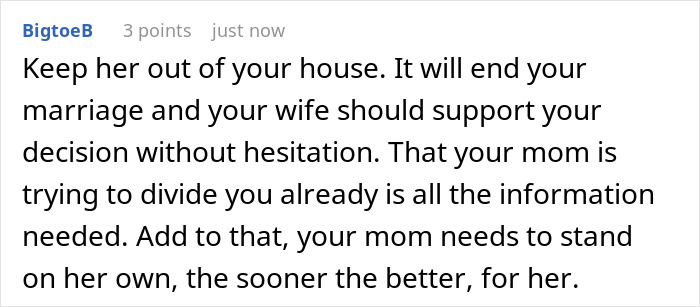 Comment discussing an adult son refusing religious mom moving in amid guilt trips and biblical sermons.