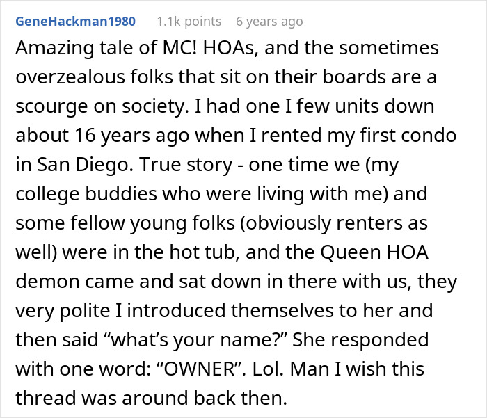 Comment describing HOA president harassing renters, highlighting a power-trip and conflict with neighbors in a condo community.