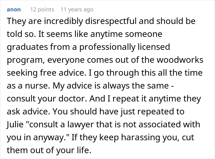 Comment discussing a woman protecting her new career by refusing to give free advice to friends and seeing their true colors.