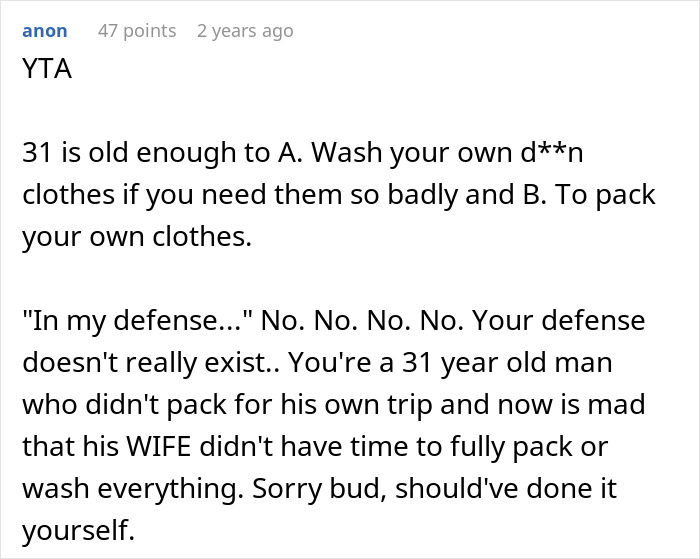 Man blaming wife for no slacks on business trip, internet users criticize his lack of responsibility and packing.