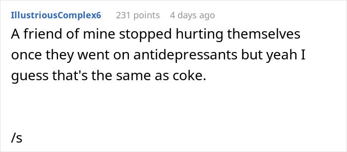 Comment discussing a friend who stopped s*******m after taking antidepressants, relating to medicine and confidence recovery. Comment discussing a friend who stopped s*******m after taking antidepressants, relating to medicine and confidence recovery.