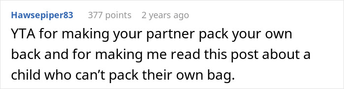 Screenshot of a Reddit comment criticizing a man for blaming his wife over no slacks for his business trip.