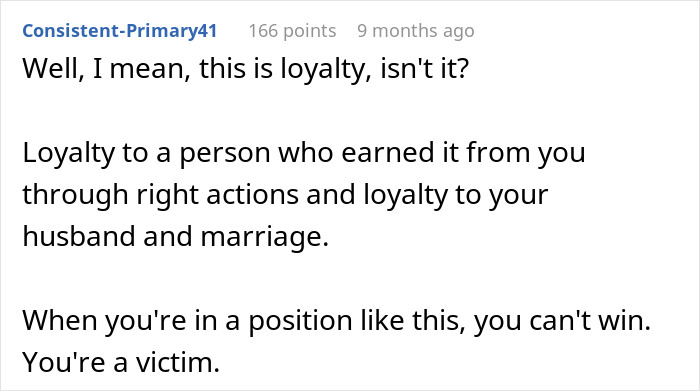 Comment discussing loyalty and feeling torn between a husband and mother-in-law after secretly helping her.