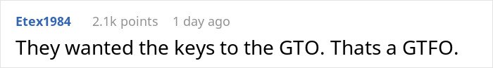 Comment text saying they wanted the keys to the GTO car, expressing frustration with the request during GF&rsquo;s parents visit.