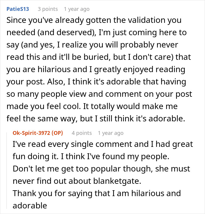 Reddit screenshot of comments about a heated blanket gift, users praising OP and referencing blanketgate Reddit screenshot of comments about a heated blanket gift, users praising OP and referencing blanketgate