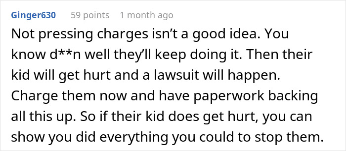 Commenter discussing the importance of pressing charges against nightmare neighbors secretly using family&rsquo;s backyard.