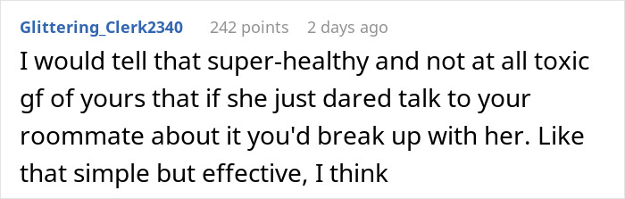Screenshot of an online comment discussing a guy refusing to embarrass his roommate about hearing her moan and his girlfriend&rsquo;s reaction.