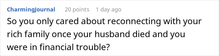 Alt text: Screenshot of an online comment about reconnecting with rich family after financial trouble following marriage to a mechanic.